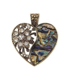 Like New!! Abalone Rhinestone Faux Marcasite Heart Shaped Gold Tone Pendant